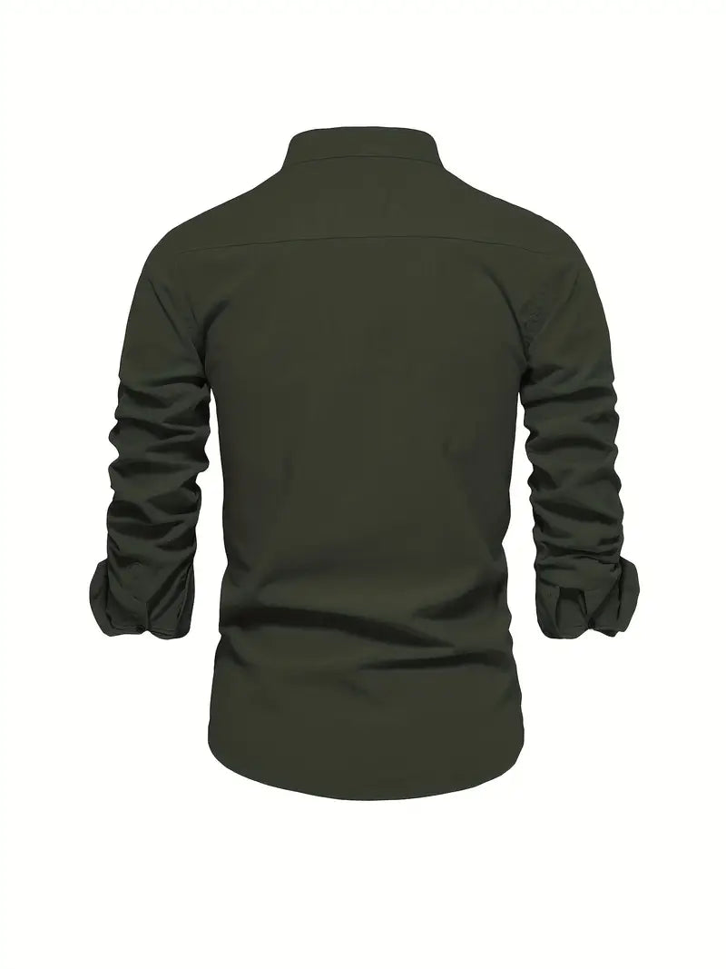 Men's Long Sleeve Shirt with Stand Collar and Button Closure