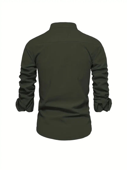 Men's Long Sleeve Shirt with Stand Collar and Button Closure