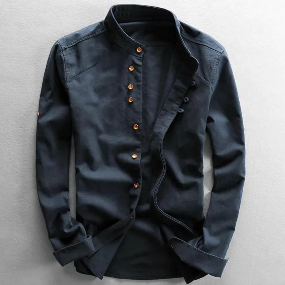 Men's Long Sleeve Shirt with Stand Collar and Button Closure