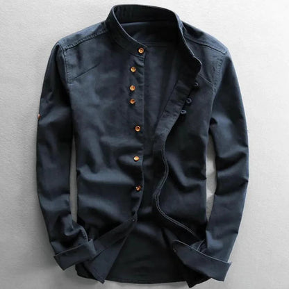 Men's Long Sleeve Shirt with Stand Collar and Button Closure