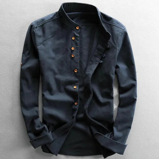 Men's Long Sleeve Shirt with Stand Collar and Button Closure