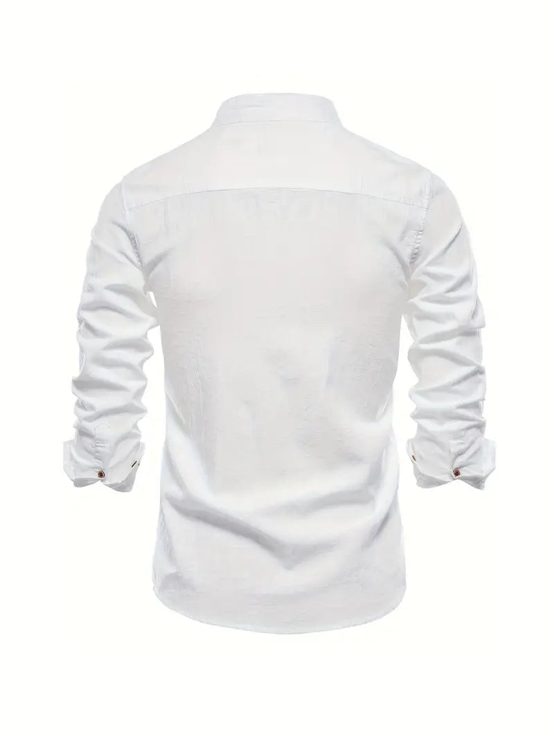 Men's Long Sleeve Shirt with Stand Collar and Button Closure