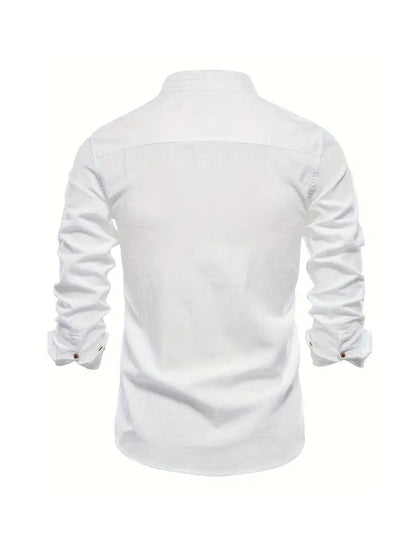 Men's Long Sleeve Shirt with Stand Collar and Button Closure