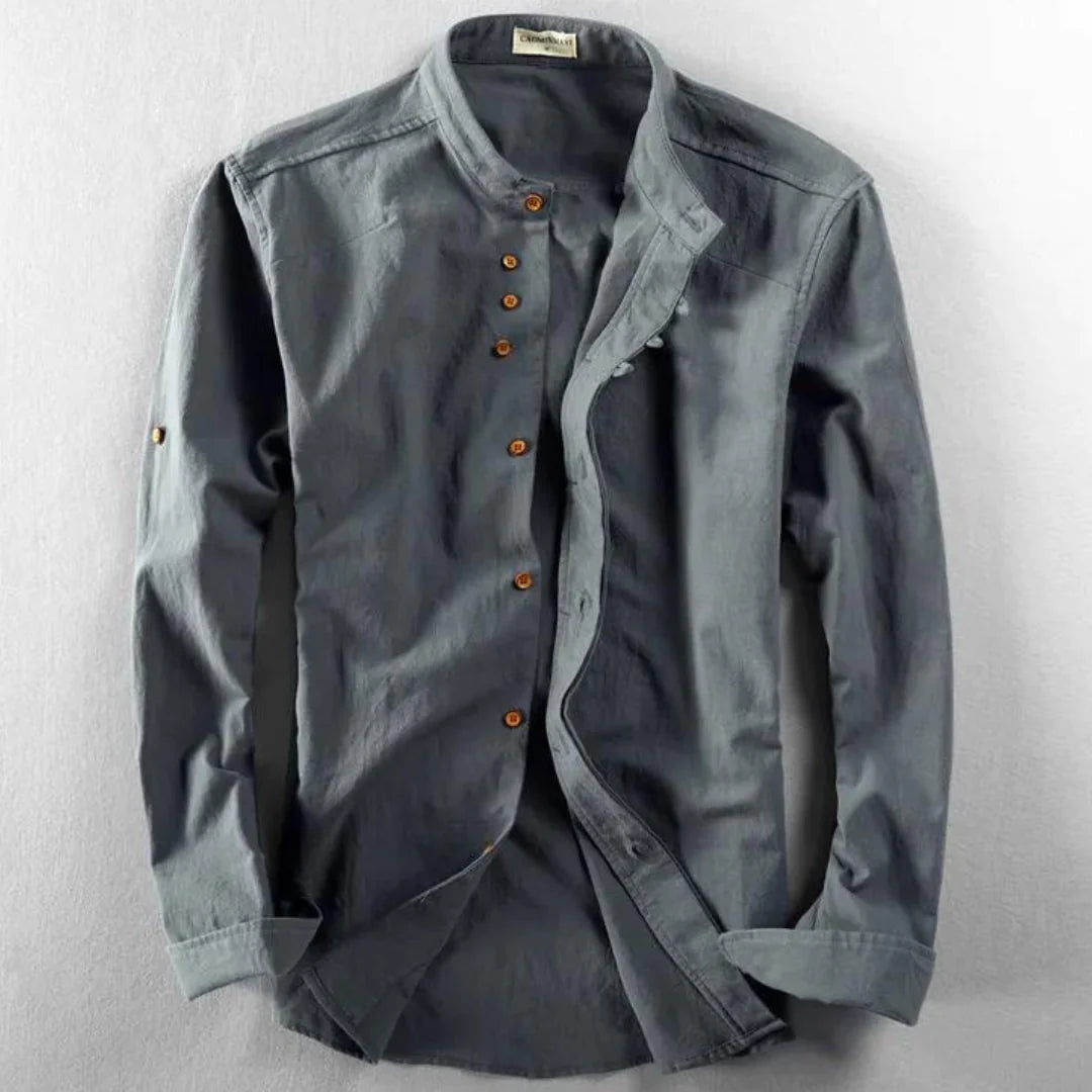 Men's Long Sleeve Shirt with Stand Collar and Button Closure