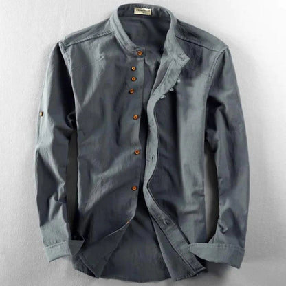 Men's Long Sleeve Shirt with Stand Collar and Button Closure