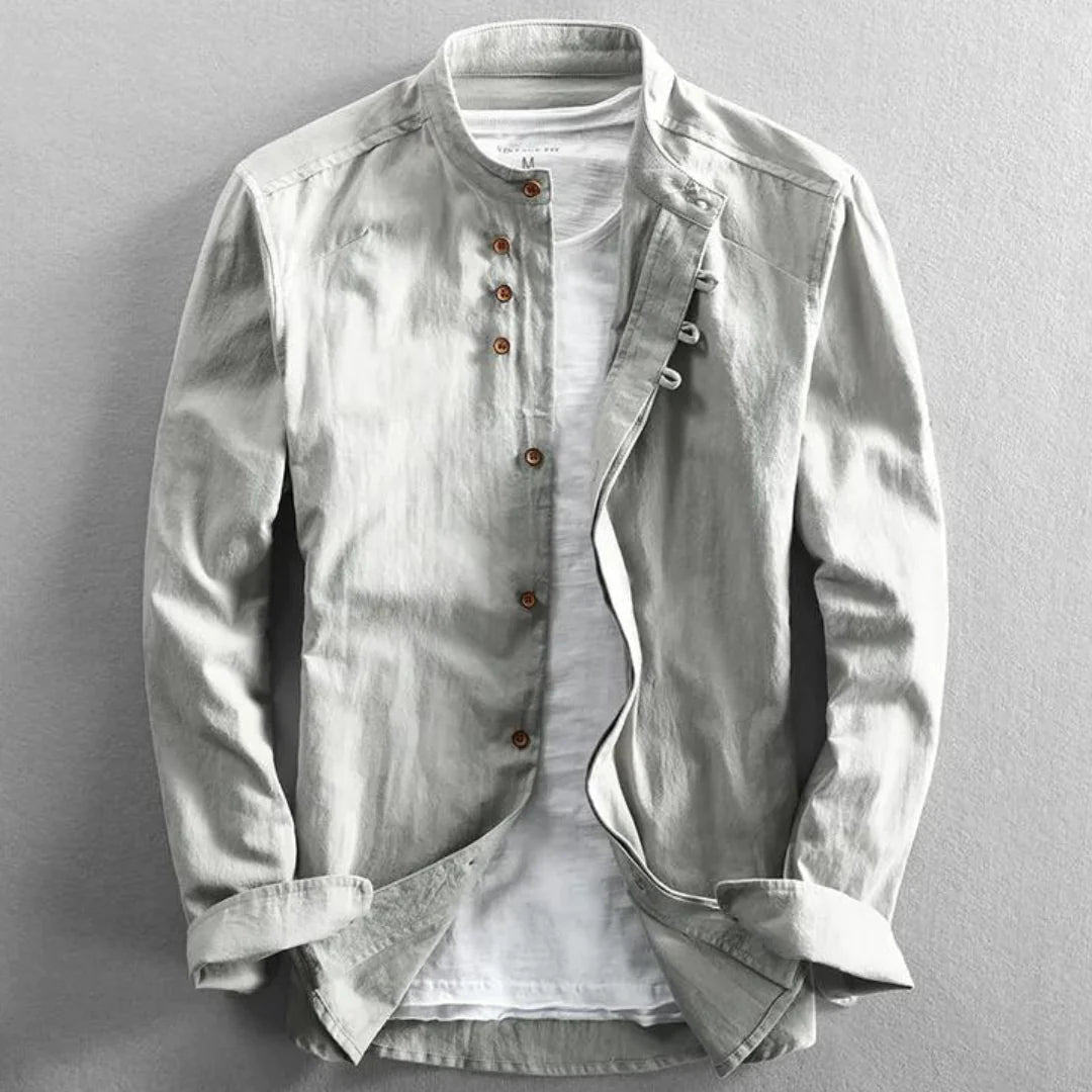 Men's Long Sleeve Shirt with Stand Collar and Button Closure
