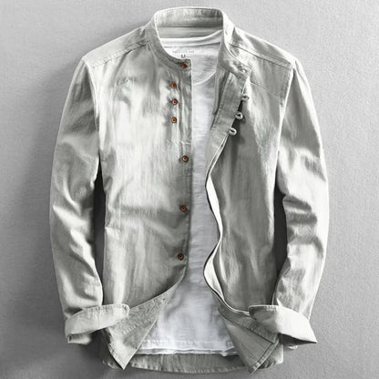 Men's Long Sleeve Shirt with Stand Collar and Button Closure