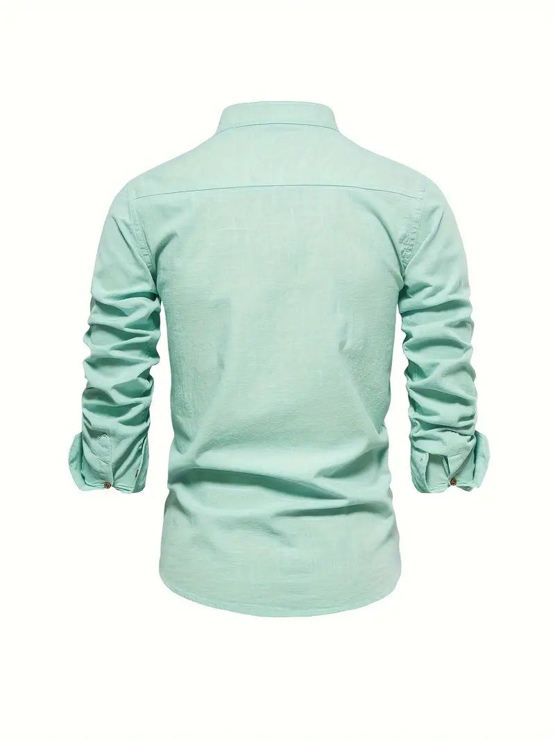 Men's Long Sleeve Shirt with Stand Collar and Button Closure