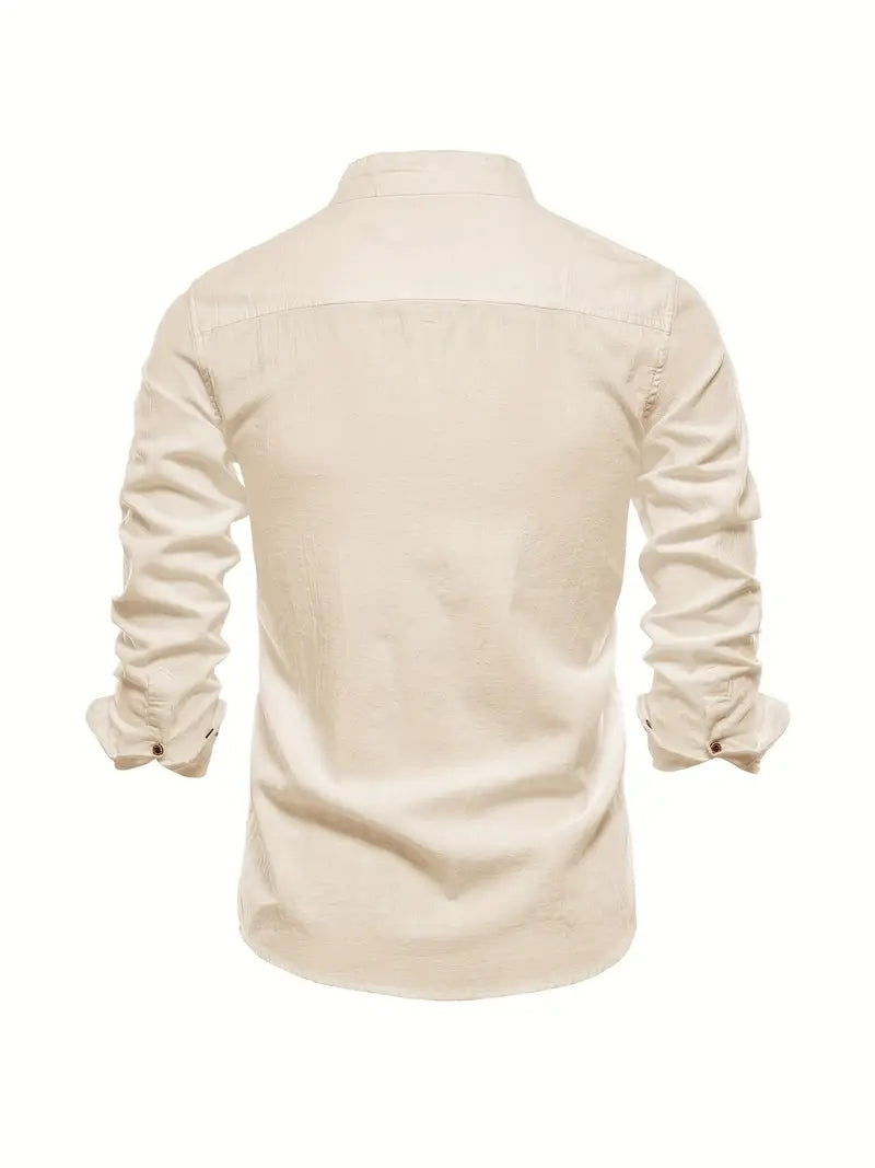 Men's Long Sleeve Shirt with Stand Collar and Button Closure