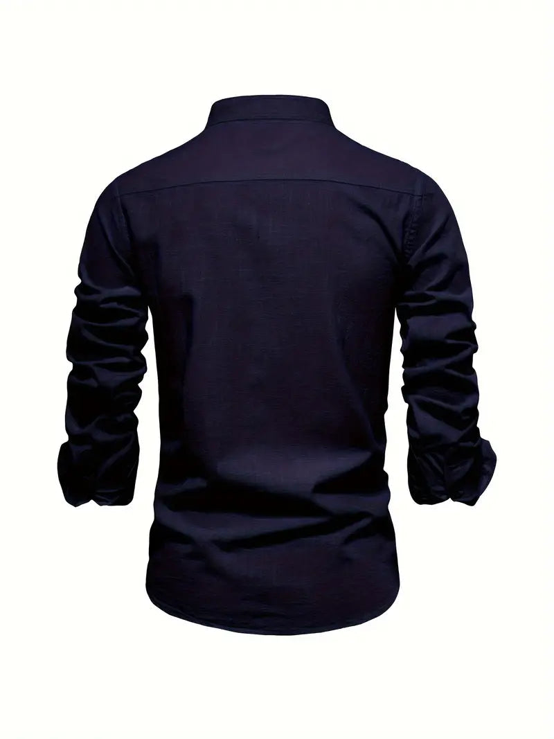 Men's Long Sleeve Shirt with Stand Collar and Button Closure