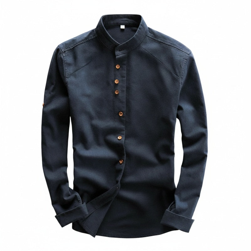 Men's Long Sleeve Shirt with Stand Collar and Button Front