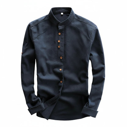 Men's Long Sleeve Shirt with Stand Collar and Button Front
