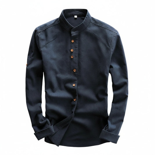 Men's Long Sleeve Shirt with Stand Collar and Button Front
