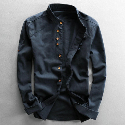 Men's Long Sleeve Shirt with Stand Collar and Button Front