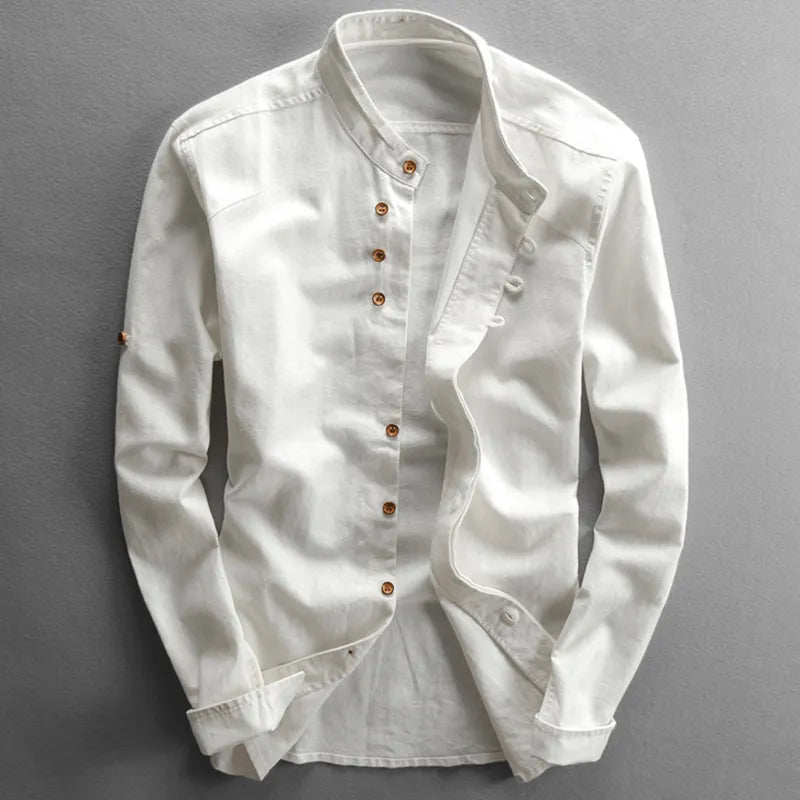 Men's Long Sleeve Shirt with Stand Collar and Button Front