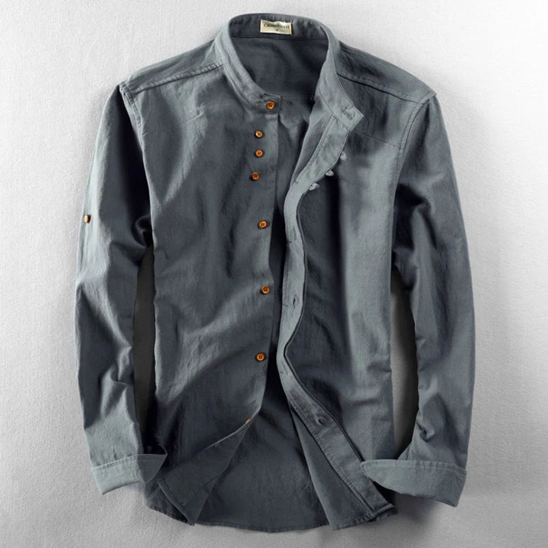 Men's Long Sleeve Shirt with Stand Collar and Button Front