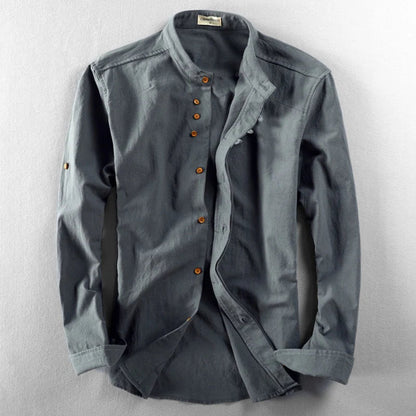 Men's Long Sleeve Shirt with Stand Collar and Button Front