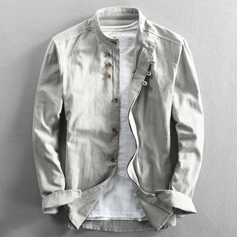Men's Long Sleeve Shirt with Stand Collar and Button Front