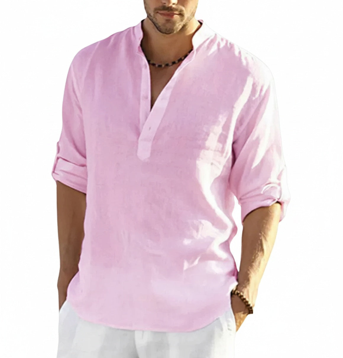 Men's Long Sleeve Shirt with Stand Collar and Button Placket