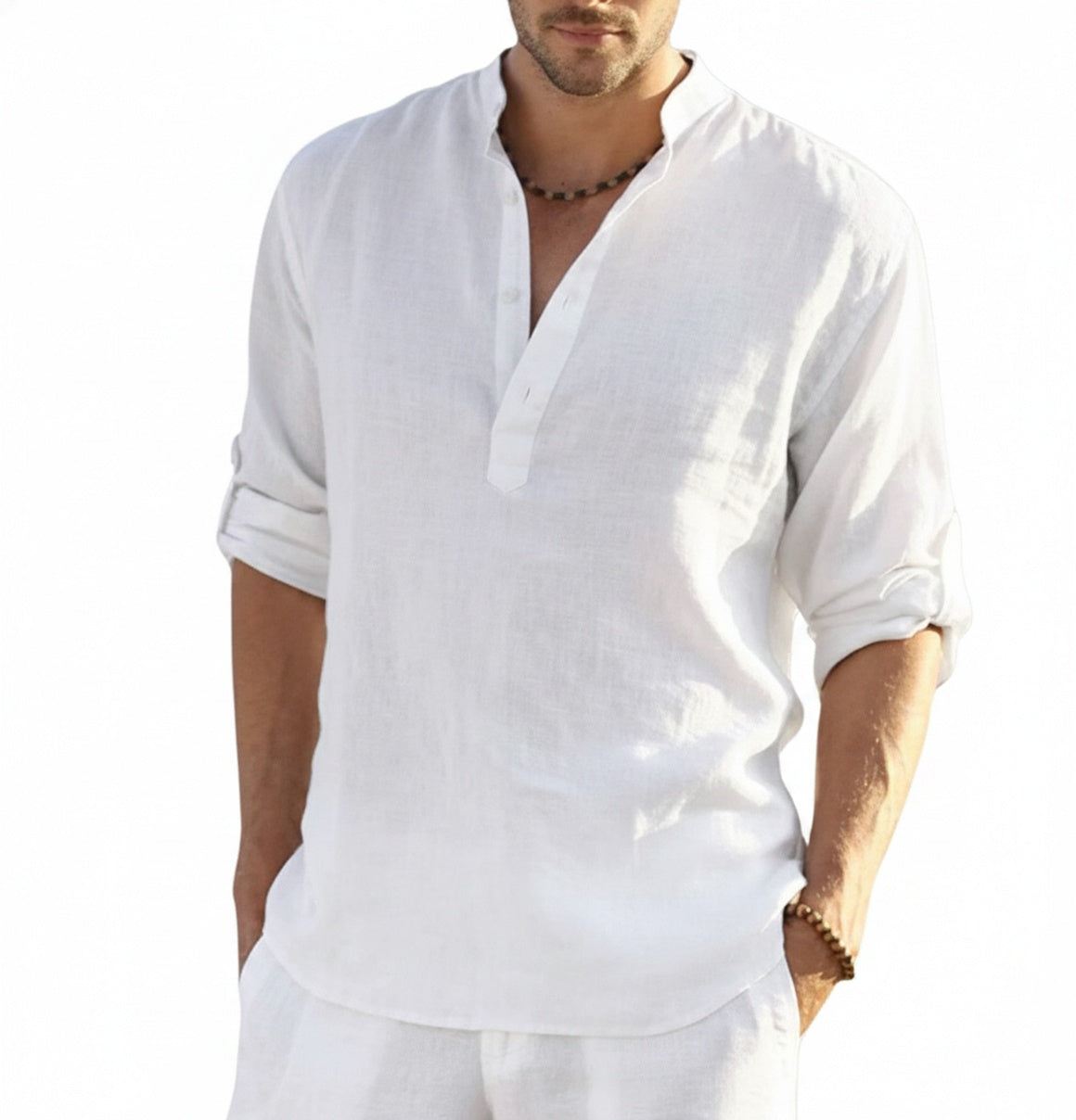 Men's Long Sleeve Shirt with Stand Collar and Button Placket