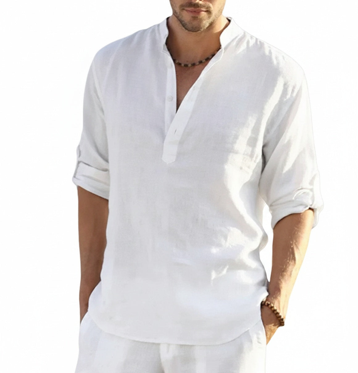 Men's Long Sleeve Shirt with Stand Collar and Button Placket