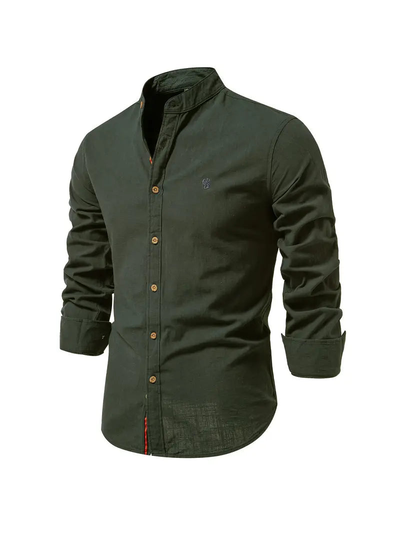 Men's Long Sleeve Shirt with Stand Collar and Button Placket