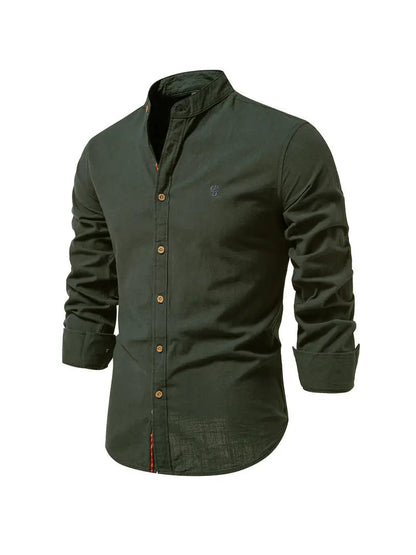 Men's Long Sleeve Shirt with Stand Collar and Button Placket