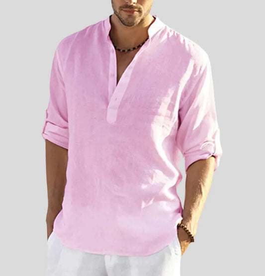 Men's Long Sleeve Shirt with Stand Collar and Button Placket