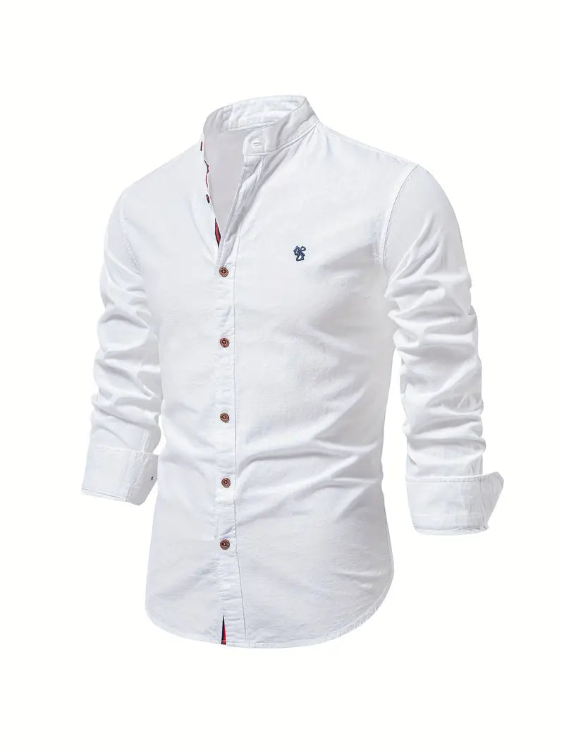 Men's Long Sleeve Shirt with Stand Collar and Button Placket