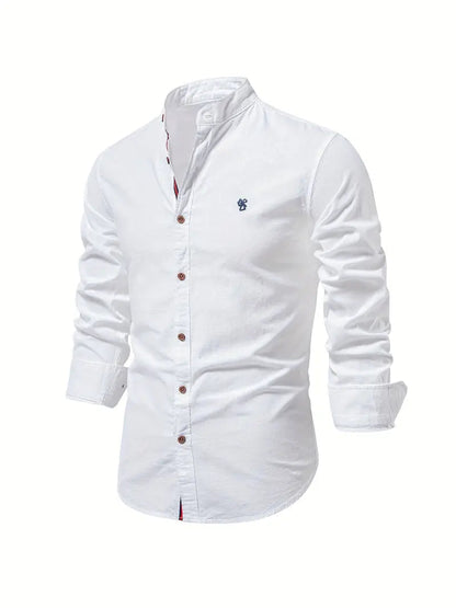 Men's Long Sleeve Shirt with Stand Collar and Button Placket