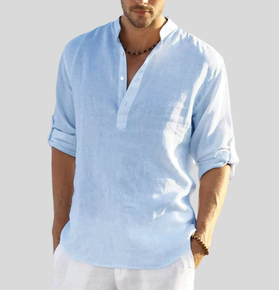 Men's Long Sleeve Shirt with Stand Collar and Button Placket