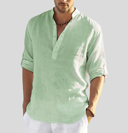 Men's Long Sleeve Shirt with Stand Collar and Button Placket