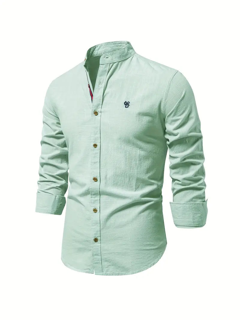 Men's Long Sleeve Shirt with Stand Collar and Button Placket