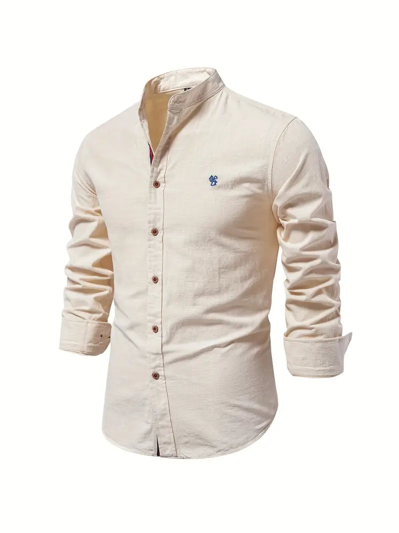 Men's Long Sleeve Shirt with Stand Collar and Button Placket