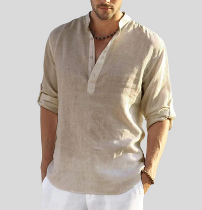 Men's Long Sleeve Shirt with Stand Collar and Button Placket