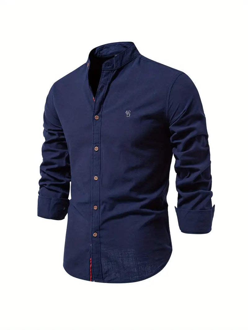 Men's Long Sleeve Shirt with Stand Collar and Button Placket
