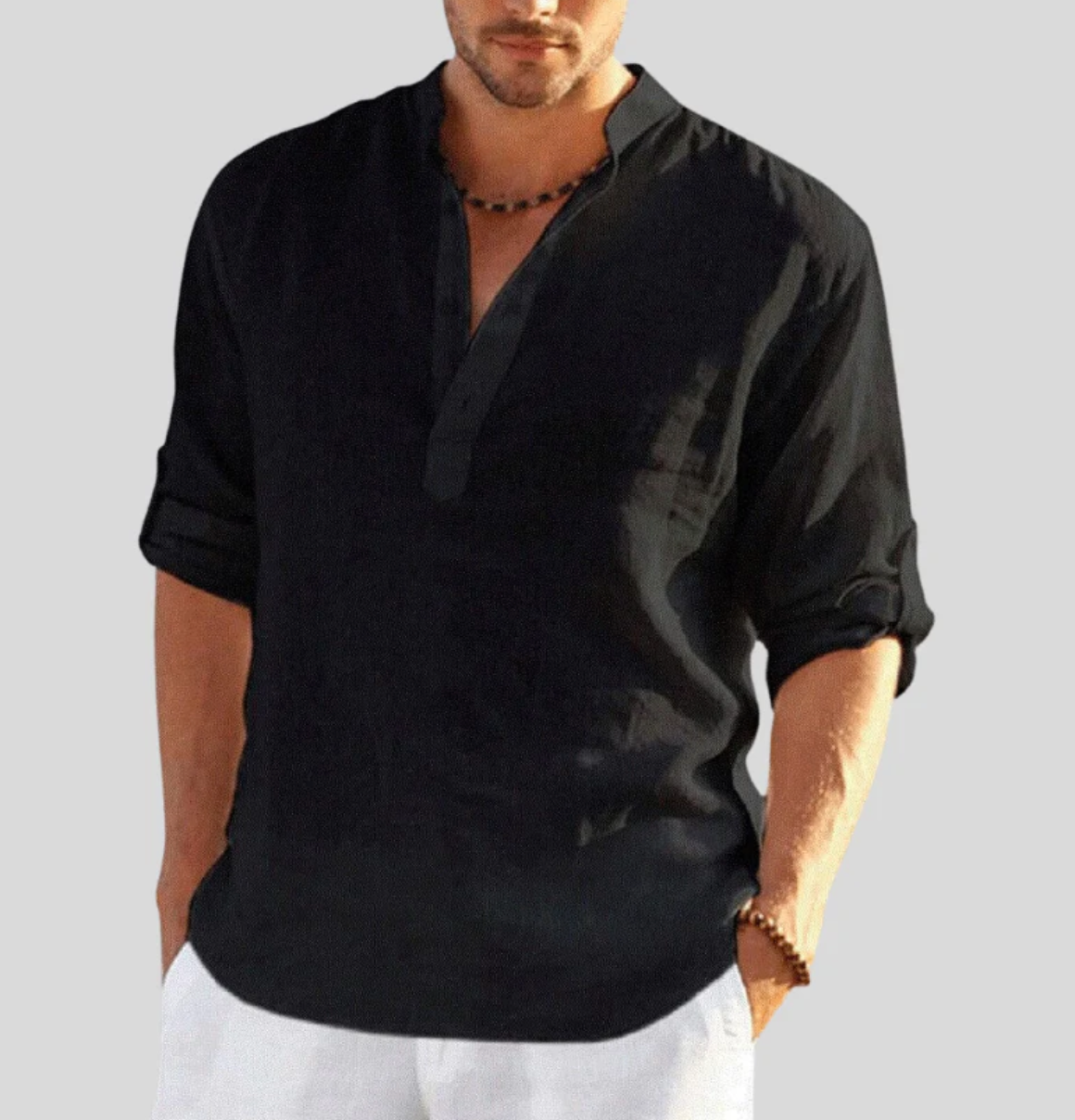 Men's Long Sleeve Shirt with Stand Collar and Button Placket
