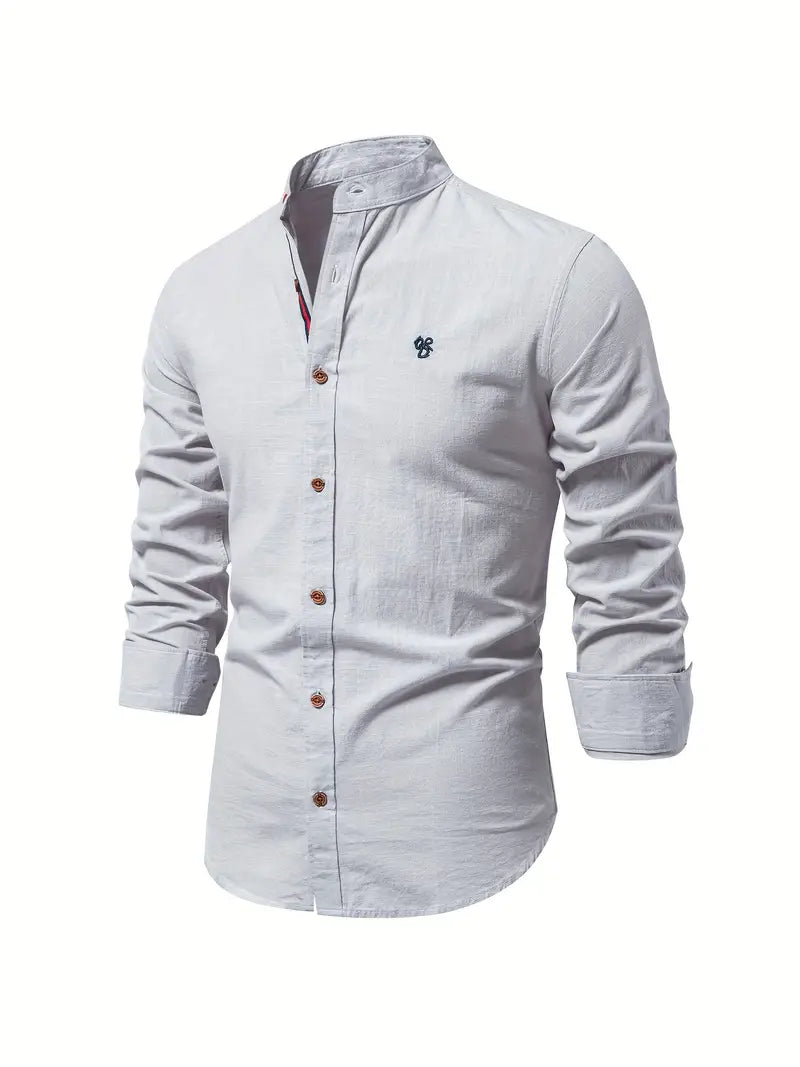 Men's Long Sleeve Shirt with Stand Collar and Button Placket