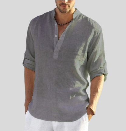 Men's Long Sleeve Shirt with Stand Collar and Button Placket