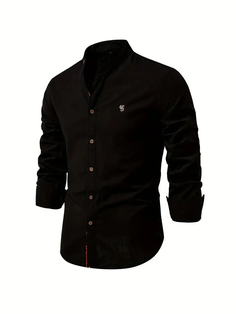 Men's Long Sleeve Shirt with Stand Collar and Button Placket