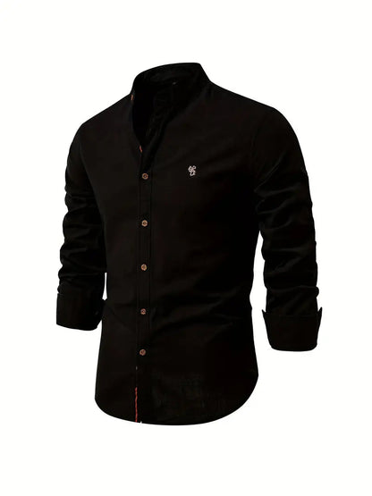 Men's Long Sleeve Shirt with Stand Collar and Button Placket