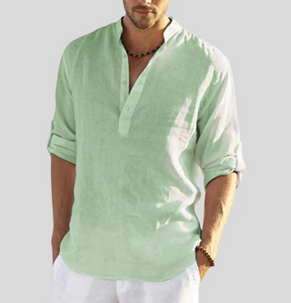 Men's Long Sleeve Shirt with Stand Collar and Button Placket