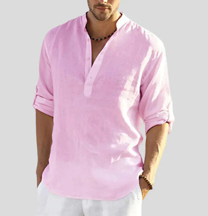 Men's Long Sleeve Shirt with Stand Collar and Button Placket