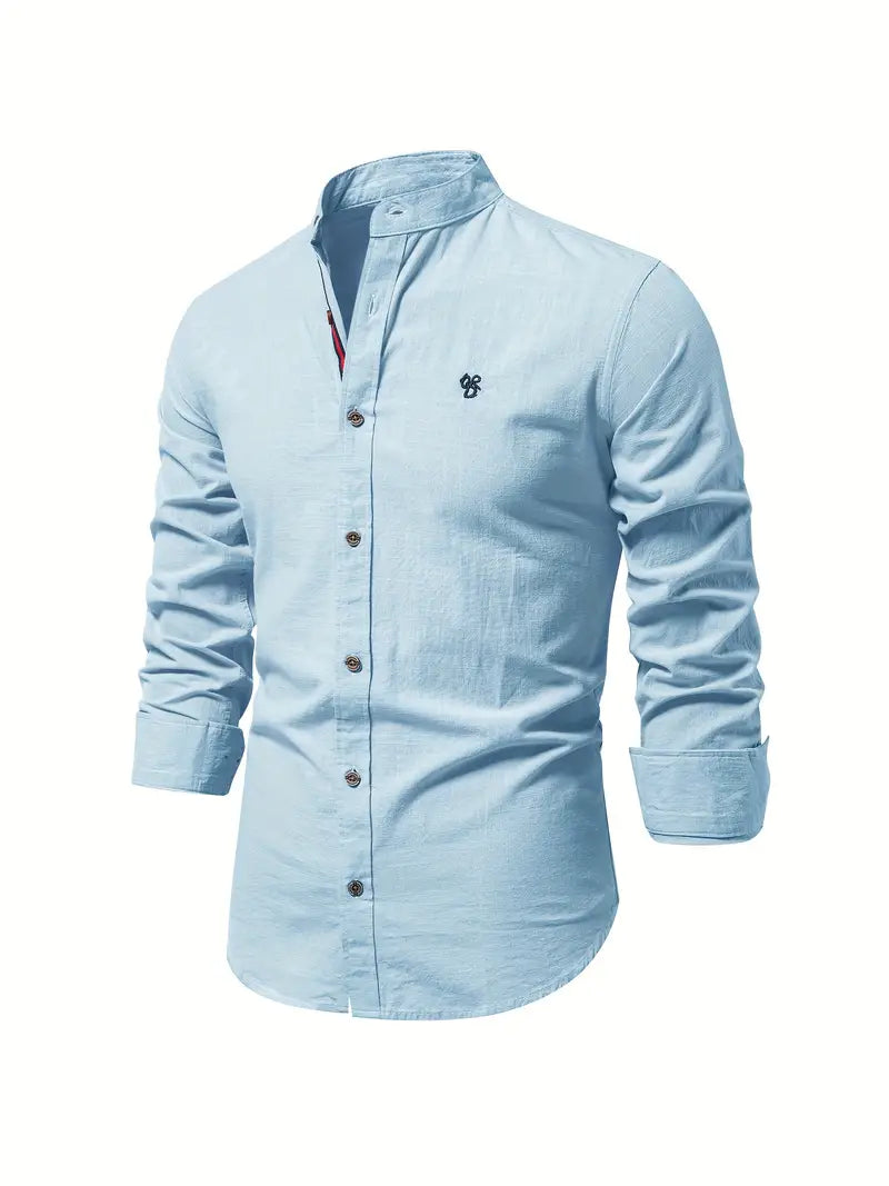 Men's Long Sleeve Shirt with Stand Collar and Button Placket