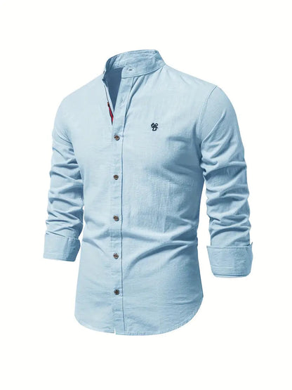 Men's Long Sleeve Shirt with Stand Collar and Button Placket