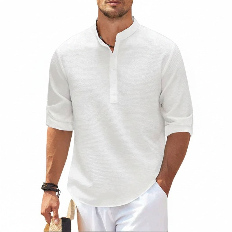 Men's Long Sleeve Shirt with Stand Collar and Half-Button Placket