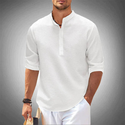 Men's Long Sleeve Shirt with Stand Collar and Half-Button Placket