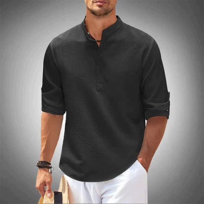 Men's Long Sleeve Shirt with Stand Collar and Half-Button Placket