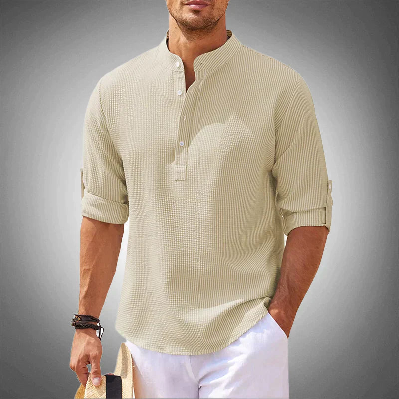 Men's Long Sleeve Shirt with Stand Collar and Half-Button Placket
