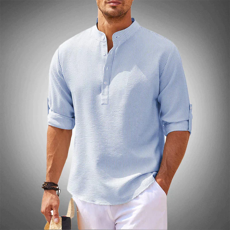 Men's Long Sleeve Shirt with Stand Collar and Half-Button Placket